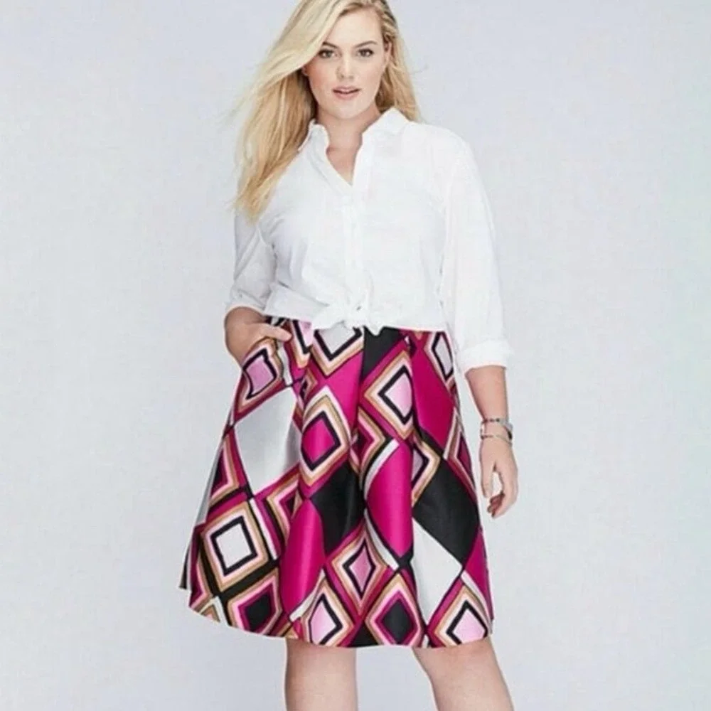 Lane‎ Bryant Magenta Geometric Diamond Print A-Line Skirt Plus Size 26 Pockets